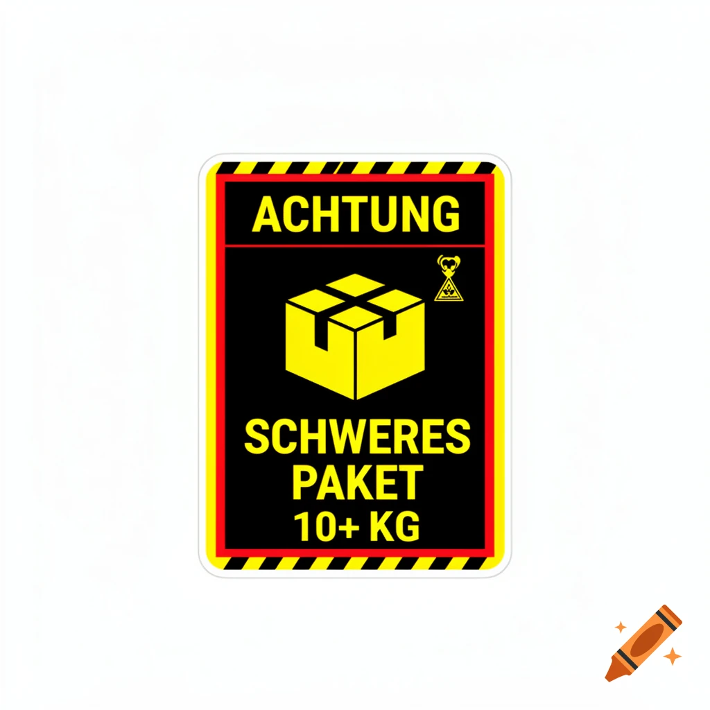 Warning sign with yellow and black border, reading ACHTUNG SCHWERES PAKET 10+ KG and a box icon.