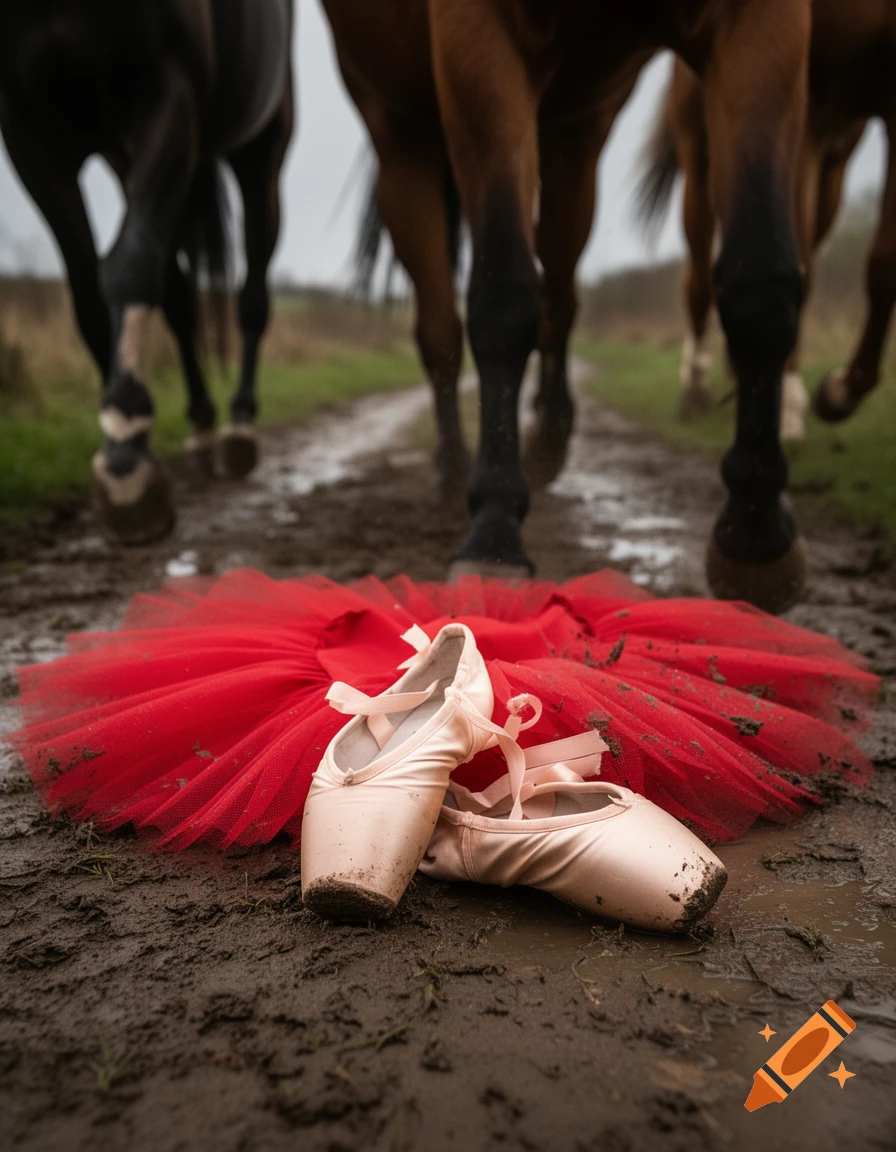 Photorealistic image of muddy pink pointe shoes and a red tutu on a dirt path with horse legs in the background.
