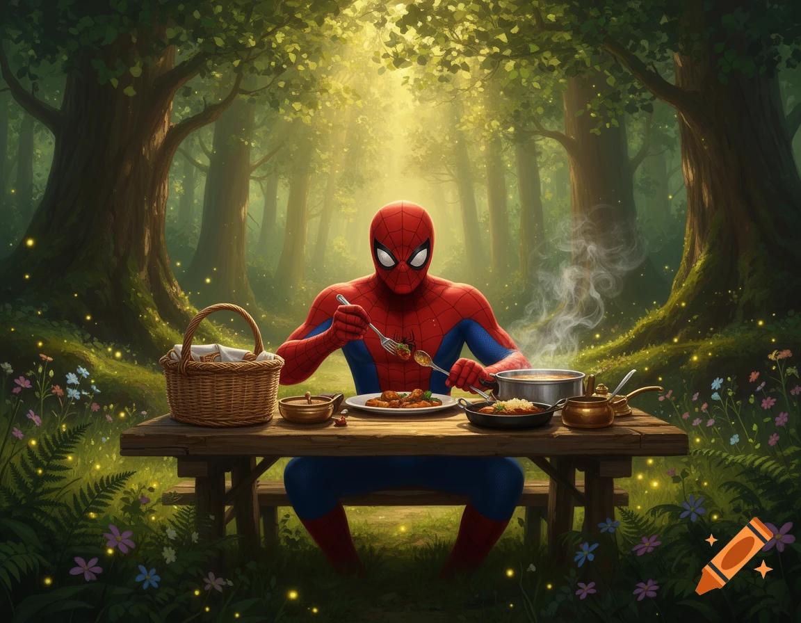 Spider-Man sitting at a wooden picnic table eating in a lush, glowing green forest, digital illustration.