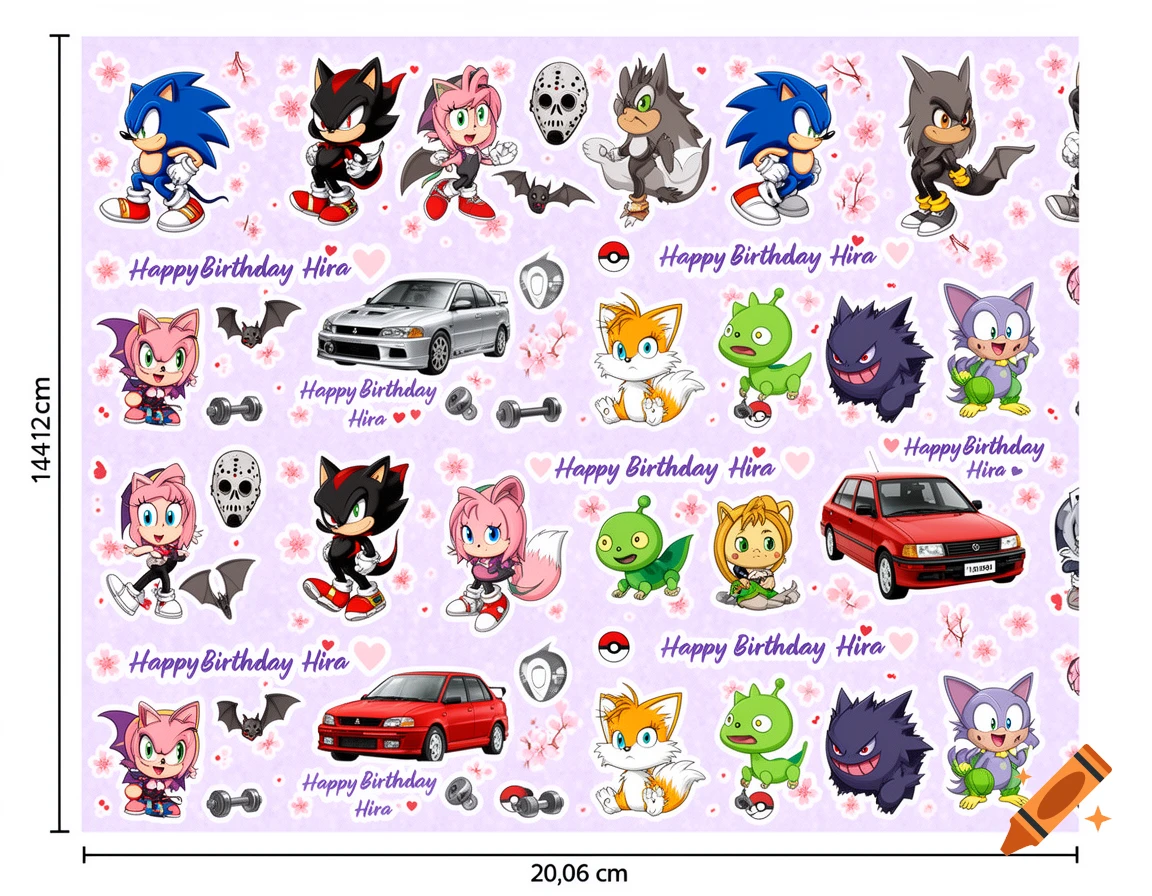 Seamless pattern wrapping paper design featuring various cartoon video game characters, cars, and the text Happy Birthday Hira.