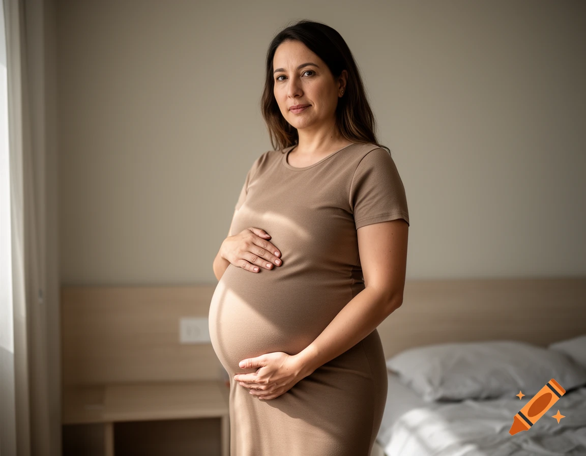 Photorealistic image of a 9-month pregnant woman standing in a bedroom holding her belly.