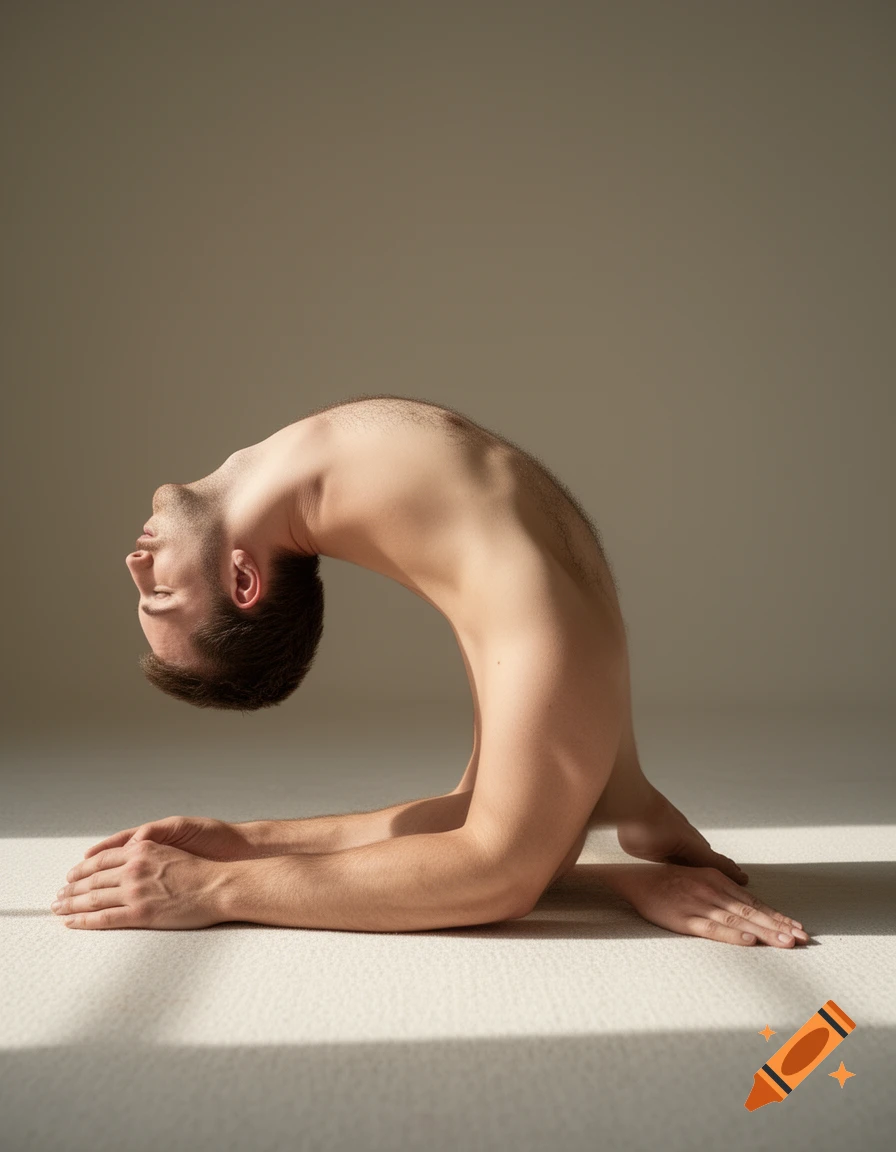 Photorealistic side profile of a topless man bending backwards in an extreme yoga pose on a light-colored floor.