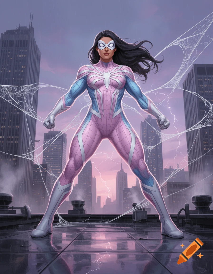 A muscular female superhero in a pink, blue, and white spider suit standing on a city rooftop with web details in the background.
