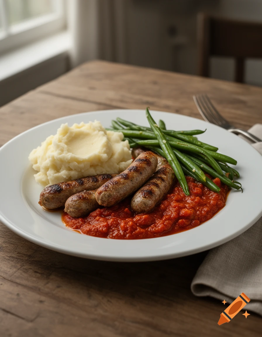 Photorealistic plate of grilled sausages with mashed potatoes, green beans, and tomato sauce on a wooden table.