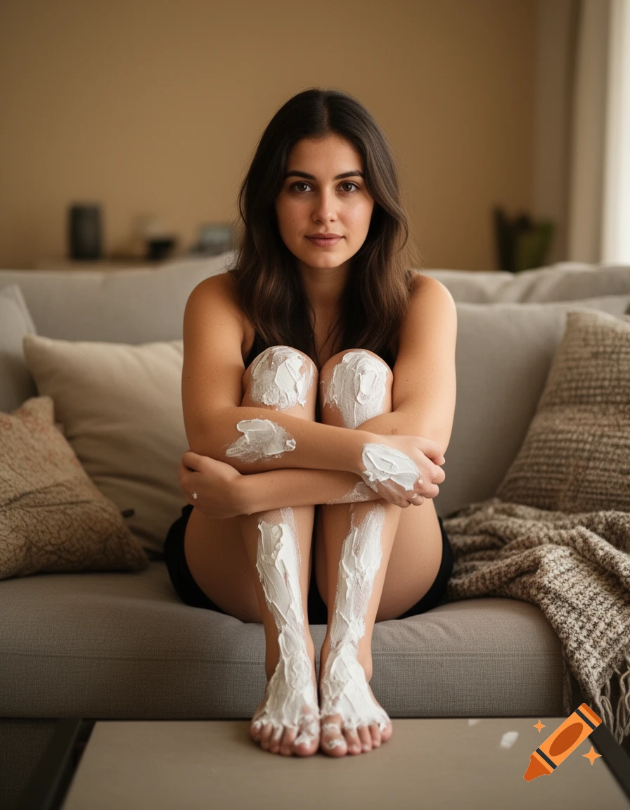 Photorealistic image of a young woman sitting on a grey couch, hugging her knees with white cream on her legs and feet.