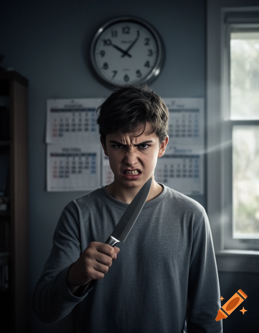 Photorealistic portrait of an angry teenage boy holding a knife in a room with a clock and calendar on the wall.