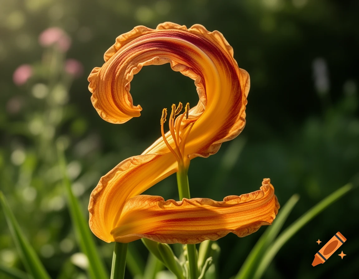 A vibrant orange and red daylily naturally shaped like the number two in a garden setting, photorealistic.