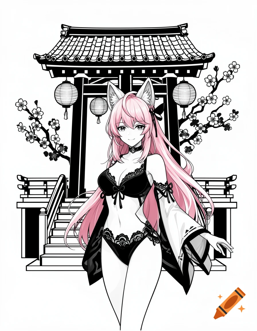 Black and white anime illustration of a pink-haired fox-girl in lingerie standing in front of a Japanese shrine.