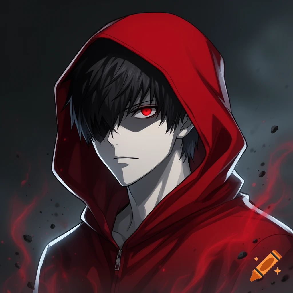 Anime style portrait of a character with black hair, red eyes, and a red hooded jacket against a dark background.