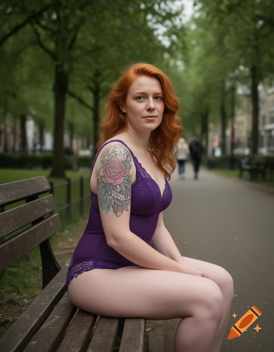 Photorealistic image of a red-haired woman sitting on a park bench wearing purple lingerie with a large floral tattoo on her arm.