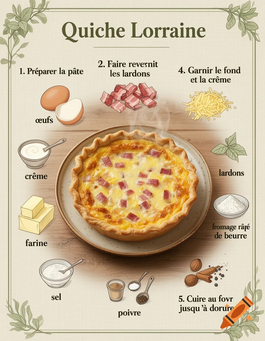 Illustrated recipe guide for Quiche Lorraine with ingredients and steps in a vintage style.