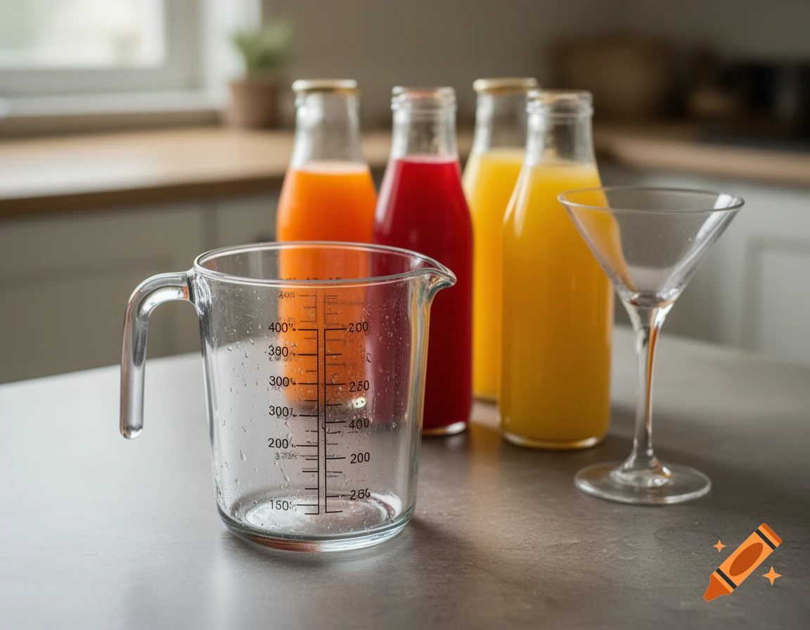 Photorealistic image of a glass measuring cup with scale markings, colorful juice bottles, and an empty cocktail glass on a kitchen counter.