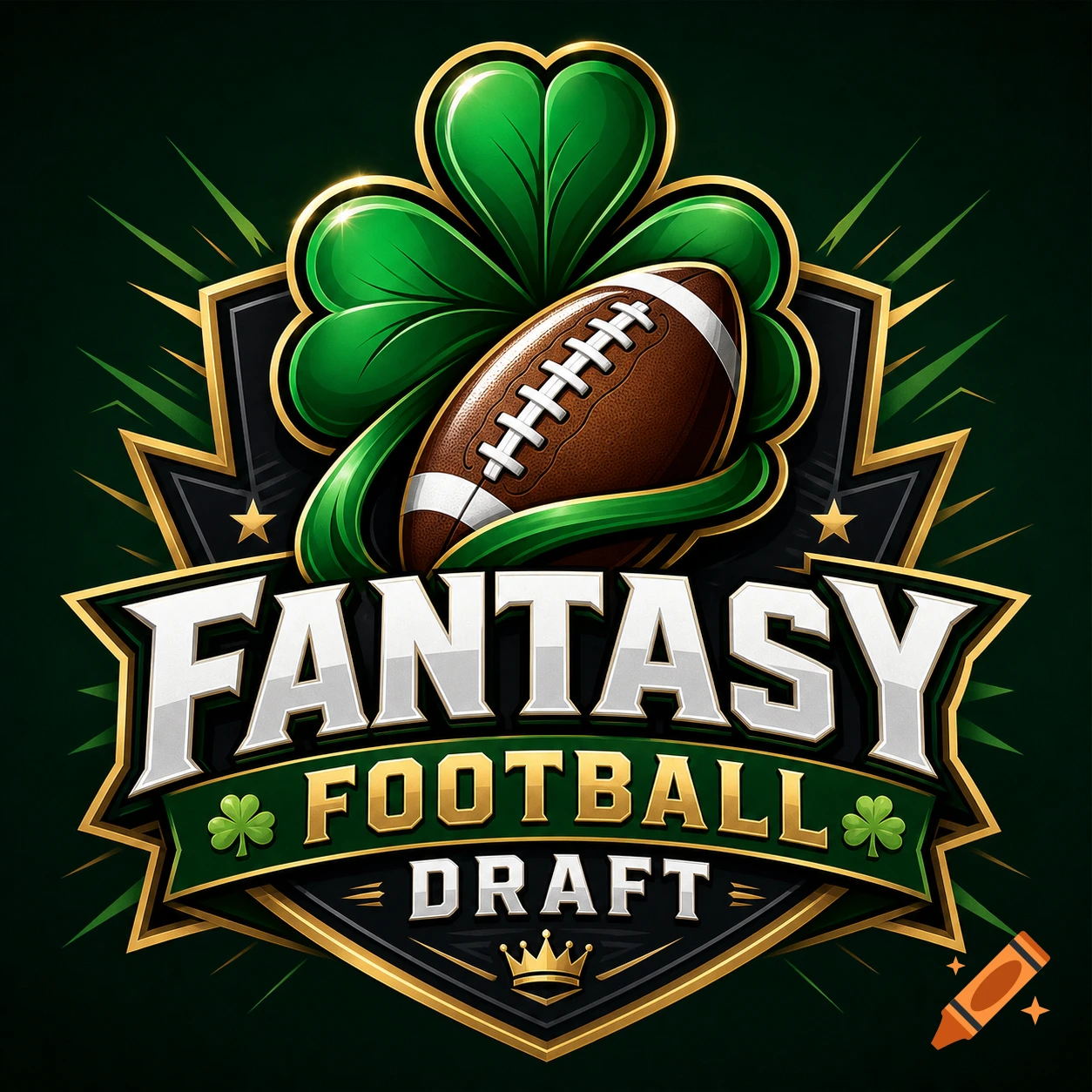 Fantasy football draft logo featuring a football, shamrock, and shield in gold and green.