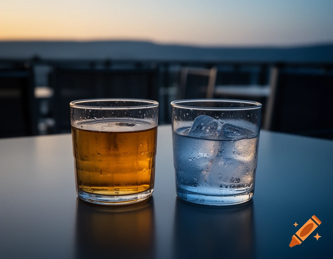 Photorealistic still life of two glasses on an outdoor terrace table at dusk, one with amber liquid and the other with iced water.