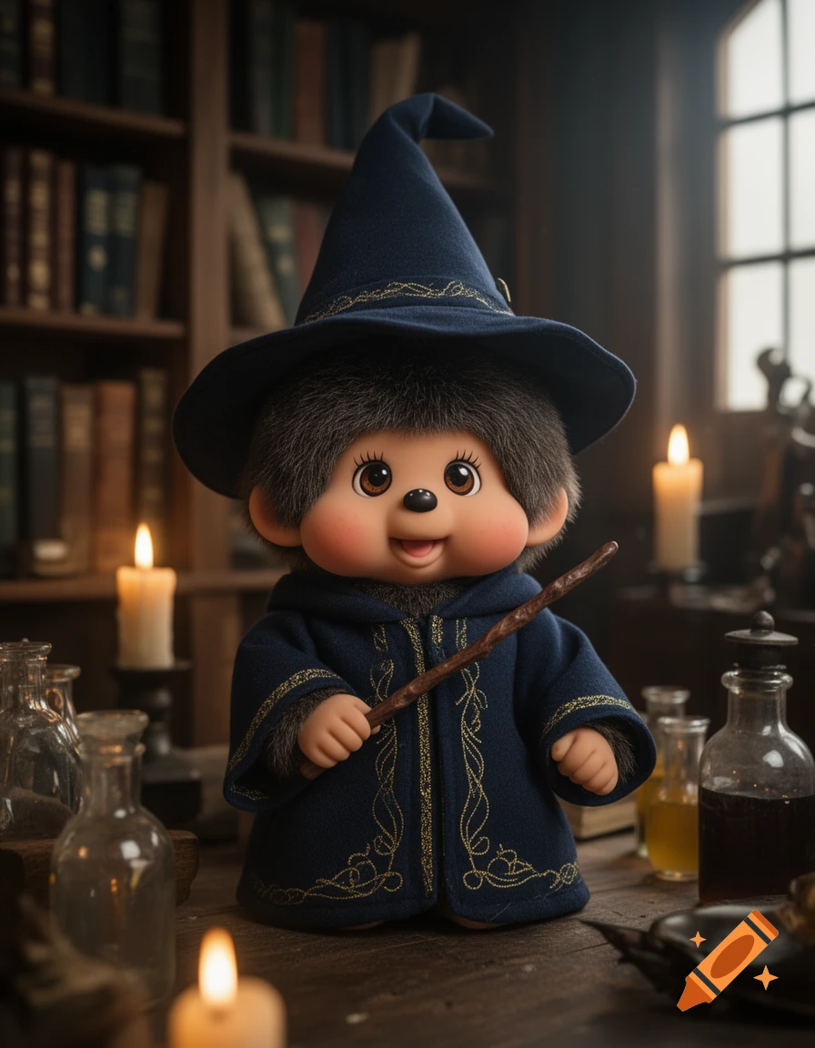 A furry Monchichi doll dressed as a wizard with a blue hat and robe, holding a wand in a library with potions and candles, photorealistic.
