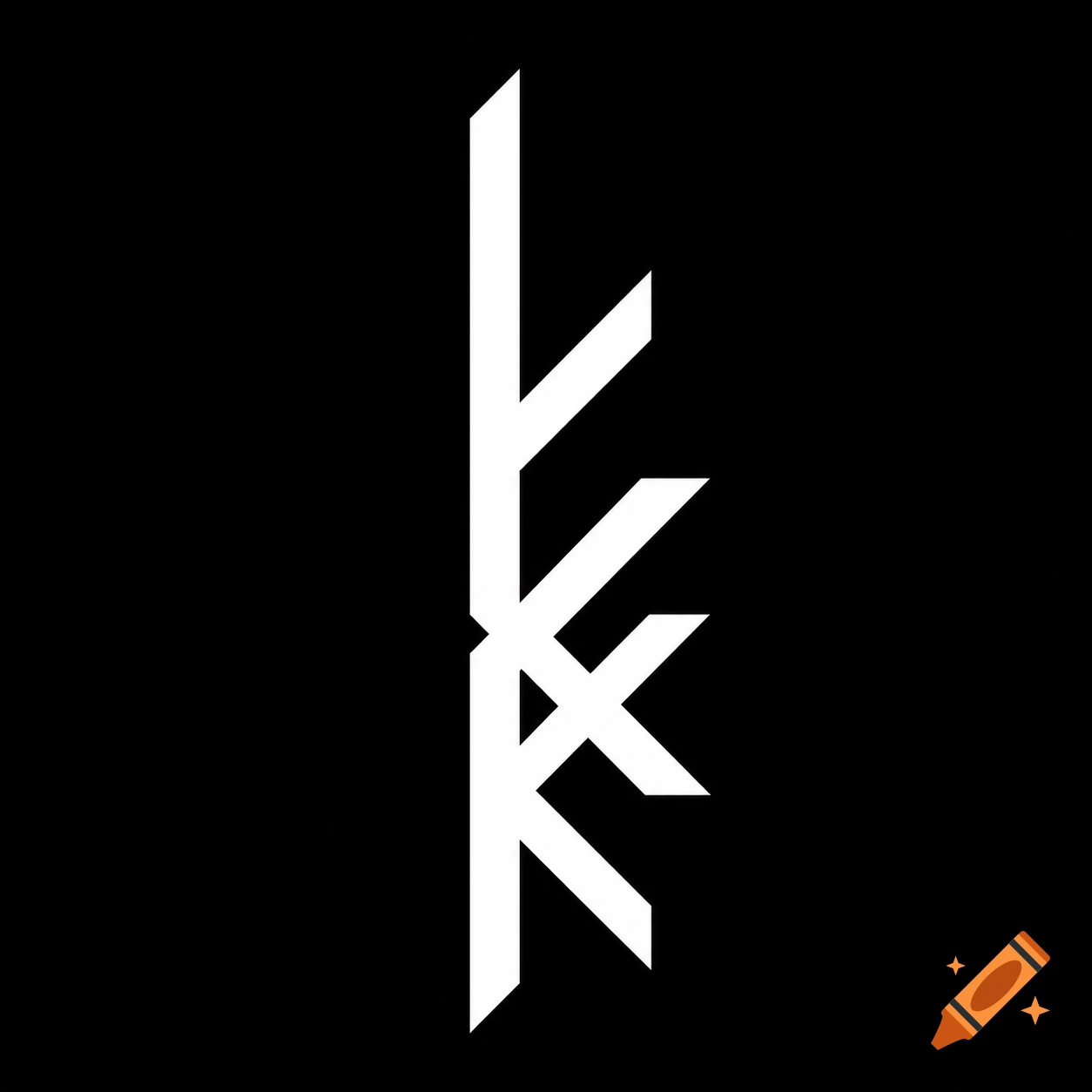 Minimalist pagan bindrune logo with sharp white geometric lines on a solid black background.