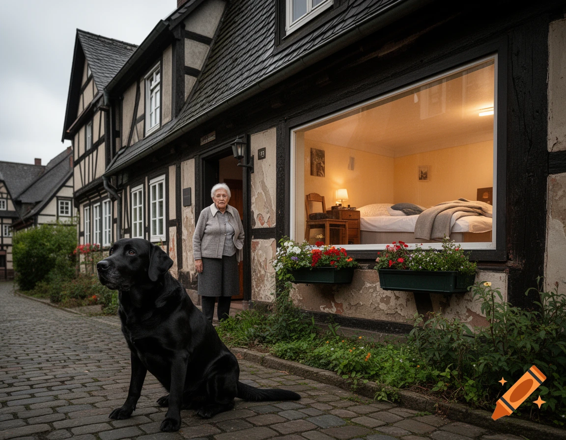 Photorealistic image of an elderly woman standing in a doorway of an old half-timbered house with a black labrador sitting outside.