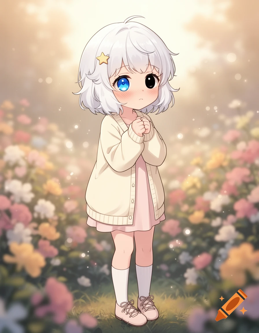 An anime girl with white hair, one blue eye and one black eye, wearing a cream cardigan and pink dress in a flower garden.