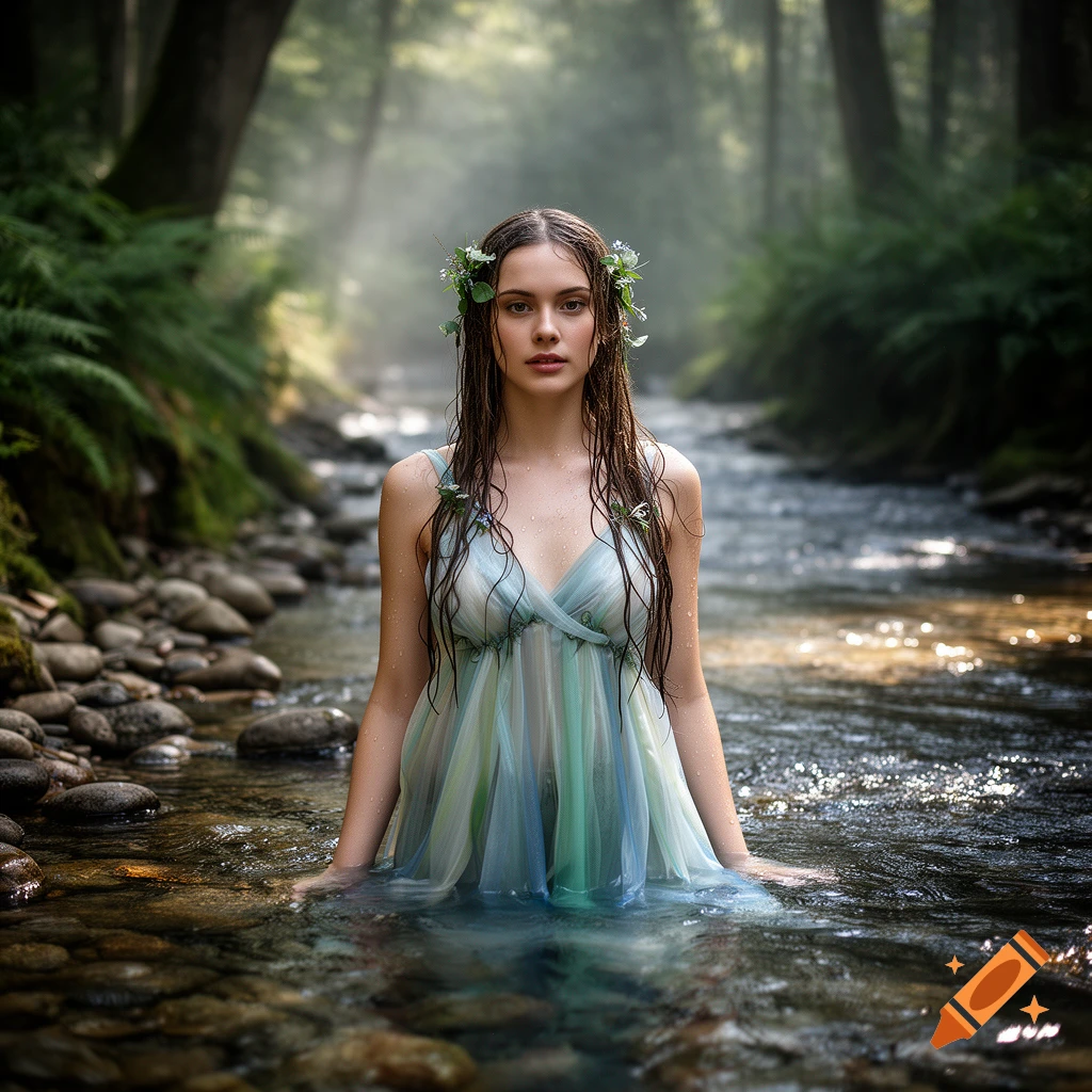 Photorealistic portrait of a woman standing in a misty forest stream, wearing a sheer dress with flowers in her hair.