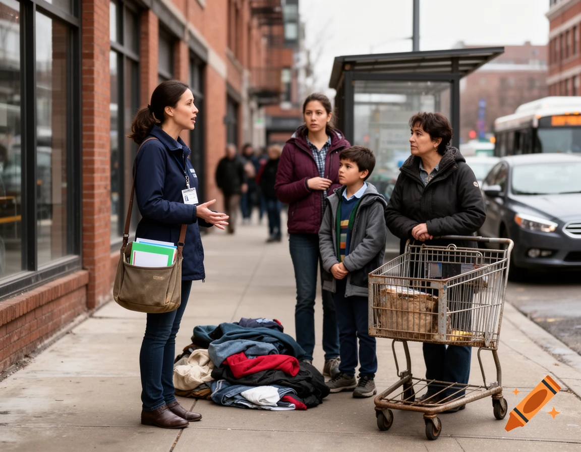 Photorealistic scene of a female social worker talking to a homeless family on a city sidewalk next to a pile of clothes and a shopping cart.