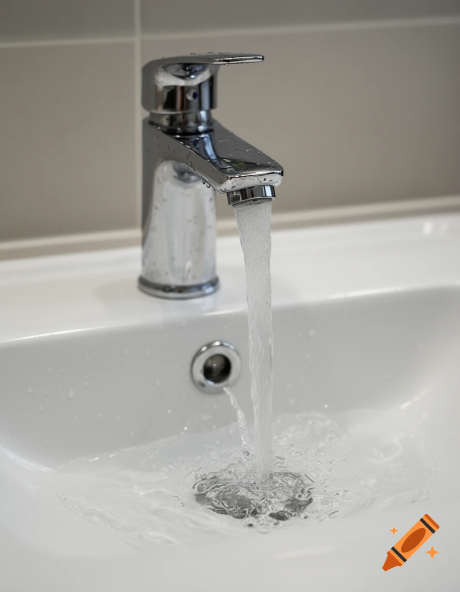 Photorealistic close-up of a modern chrome water faucet running into a white ceramic sink.