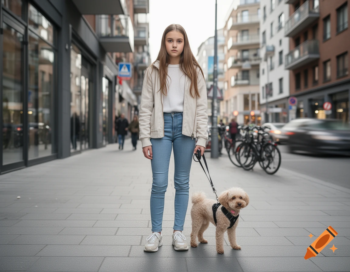 Photorealistic image of a teenage girl standing on a city street holding a small poodle on a leash.