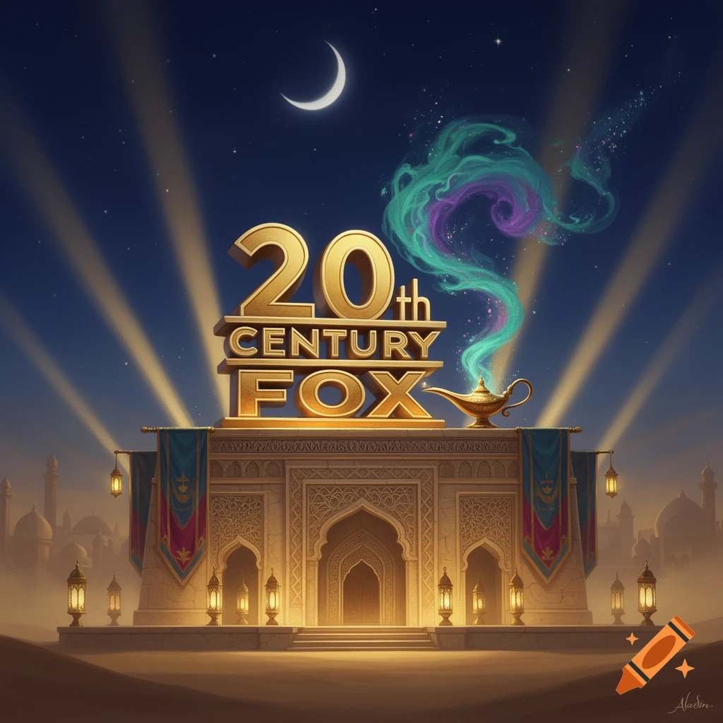 Digital illustration of the 20th Century Fox logo styled with an Aladdin theme, featuring a magic lamp and smoke on a Middle Eastern palace backdrop under a night sky.