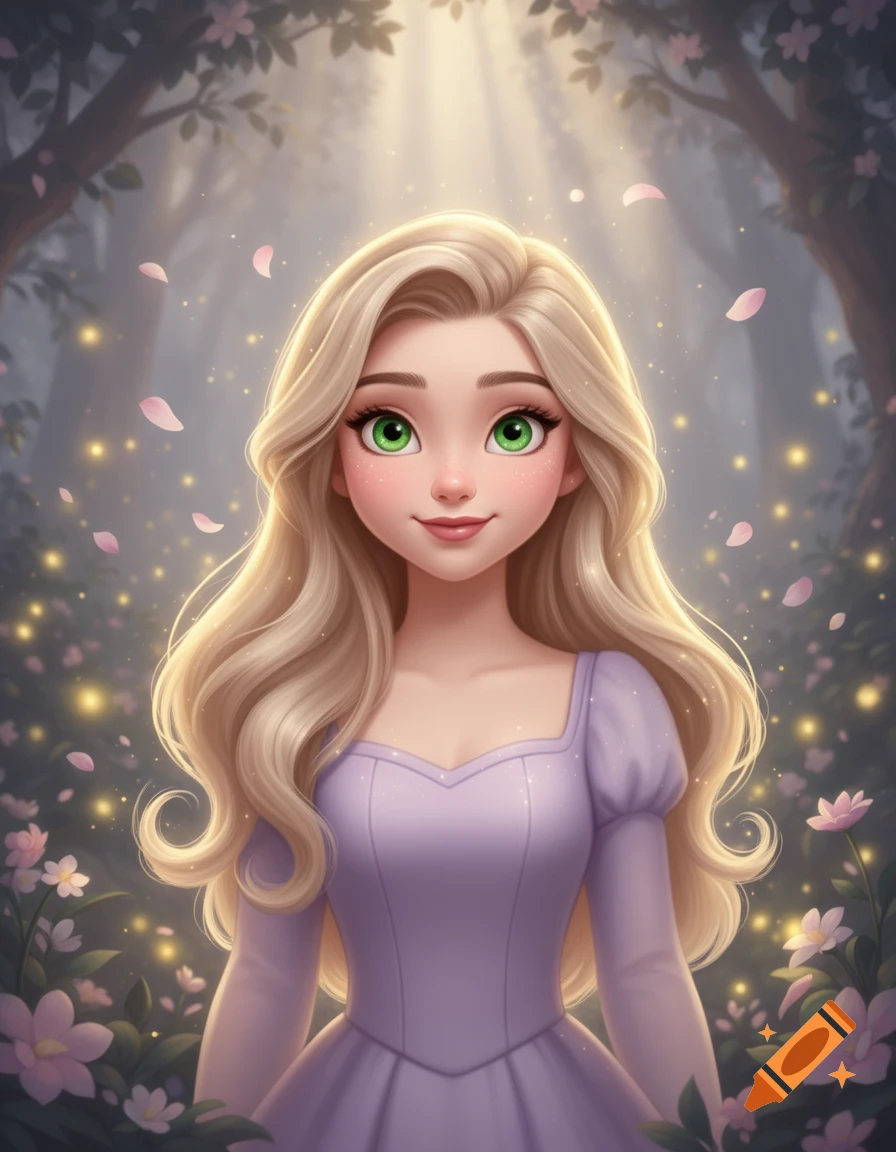 Digital art portrait of a young blonde woman with green eyes in a purple dress, set in a magical forest with glowing lights.