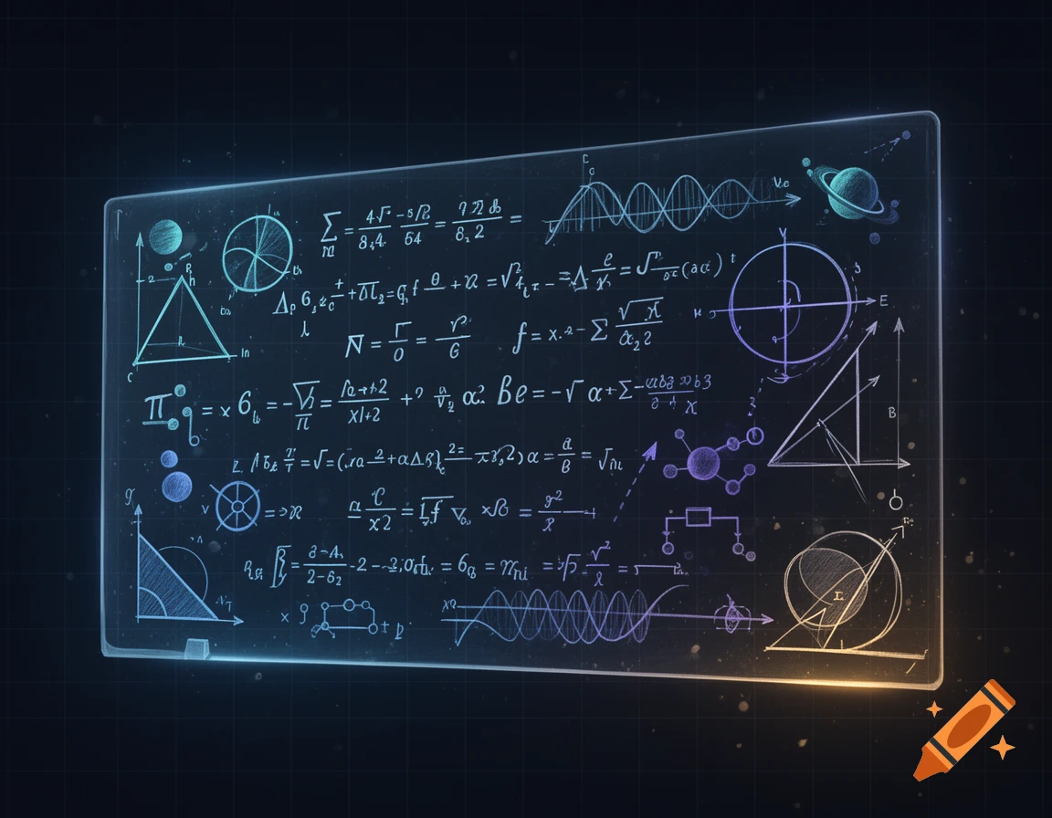 A glowing holographic tablet displaying various physics and mathematics formulas and diagrams against a dark background.