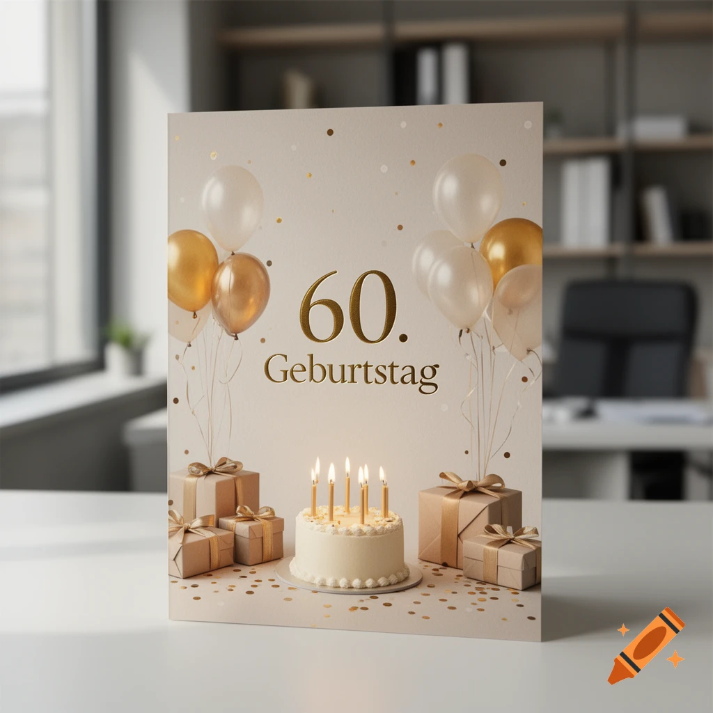 A birthday card for a 60th birthday with balloons, gifts, and a lit candle cake on a table in an office setting.