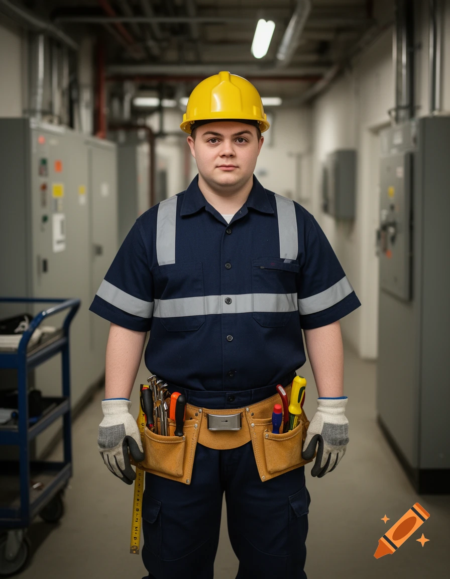 Photorealistic portrait of a man with Down syndrome dressed as a maintenance worker in a utility room.