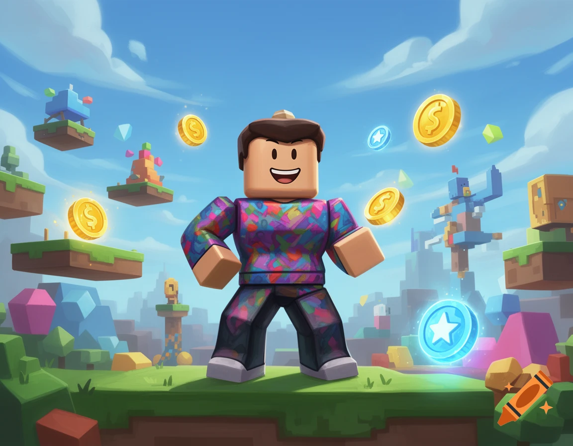 A 3D digital illustration of a blocky character resembling Roblox standing in a vibrant fantasy landscape with floating islands and coins.