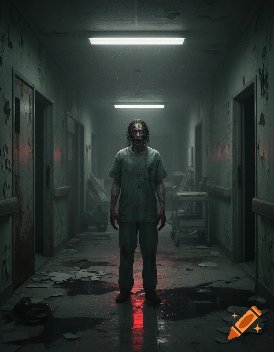 A terrifying zombie-like figure in a bloodstained medical uniform standing in a dark, decaying hospital corridor, photorealistic.
