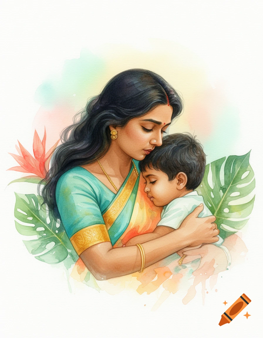 Soft watercolor painting of a Sri Lankan mother tenderly holding and kissing her sleeping son, surrounded by tropical leaves.