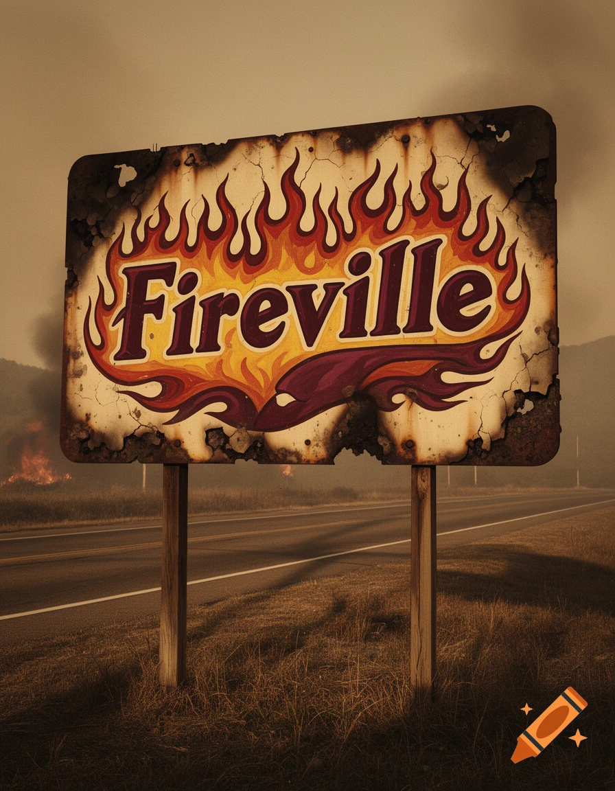 A weathered, vintage municipal sign reading Fireville with flame designs, standing by a quiet rural road in a hazy landscape.