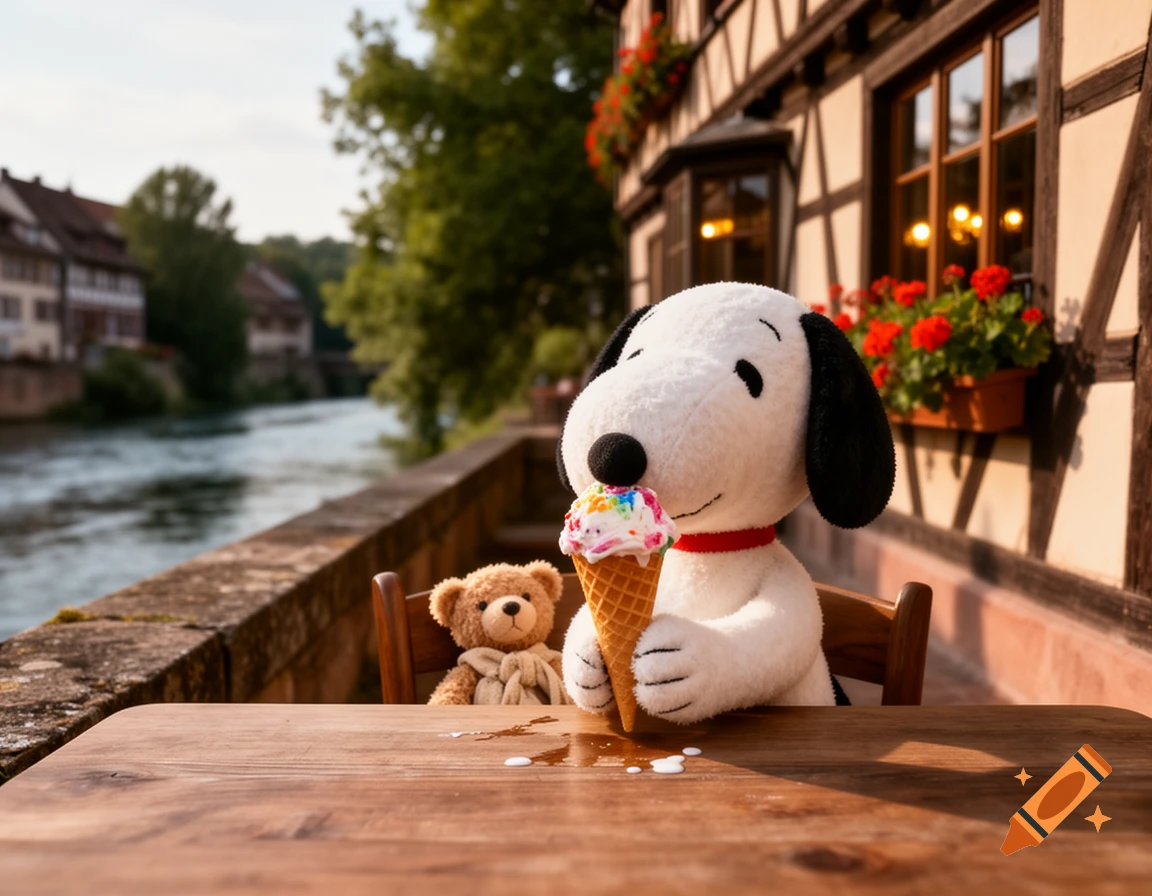 A Snoopy plush toy and a small teddy bear eating ice cream at an outdoor table by a river and half-timbered house.