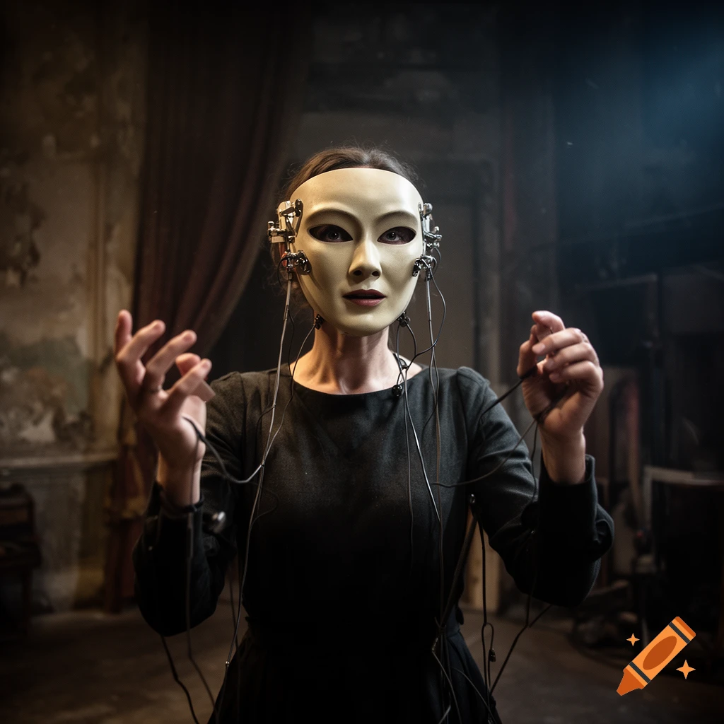 A woman wearing a white volto mask with wires attached to her head, in a dim industrial setting.