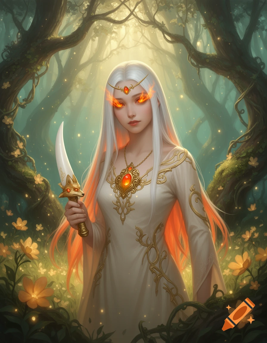 Fantasy digital painting of a pale-haired woman with glowing orange eyes in a mystical forest, holding a carved dagger.