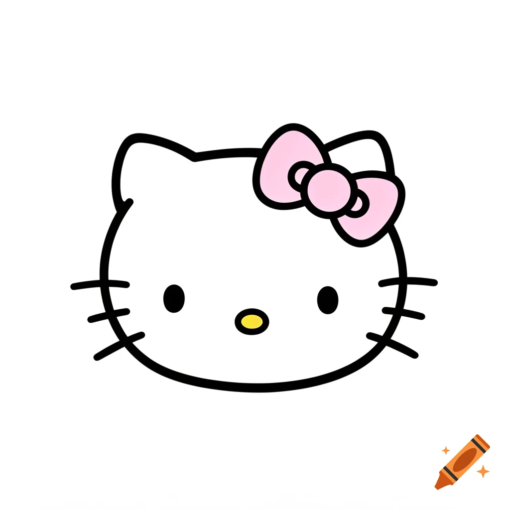 Minimalist digital illustration of Hello Kitty's head with a pink bow, black outlines, and a yellow nose on a white background.