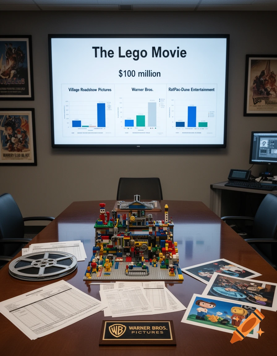 A conference room table featuring a Lego model of a city, a film reel, printed charts, and a large screen displaying production details for The Lego Movie.
