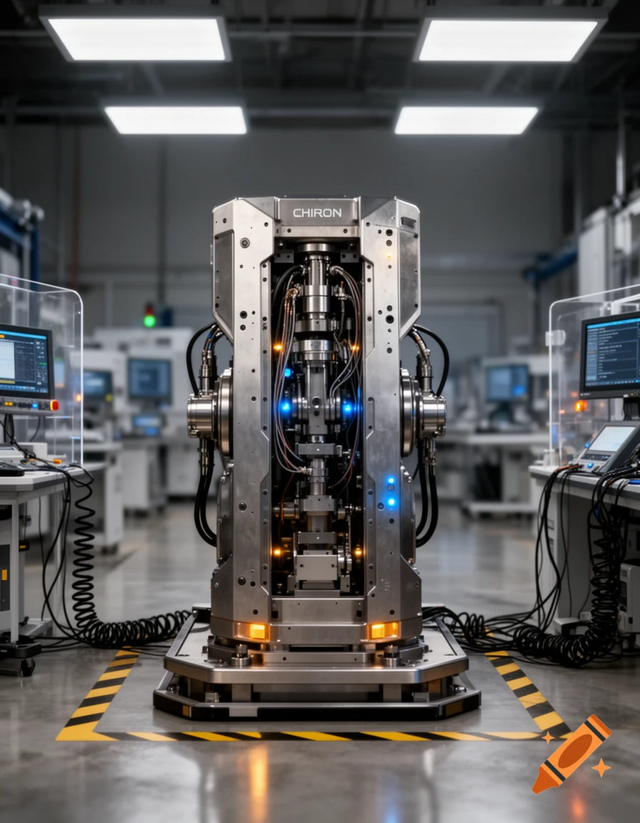 Photorealistic image of a large industrial machine labeled CHIRON centered in a brightly lit factory.