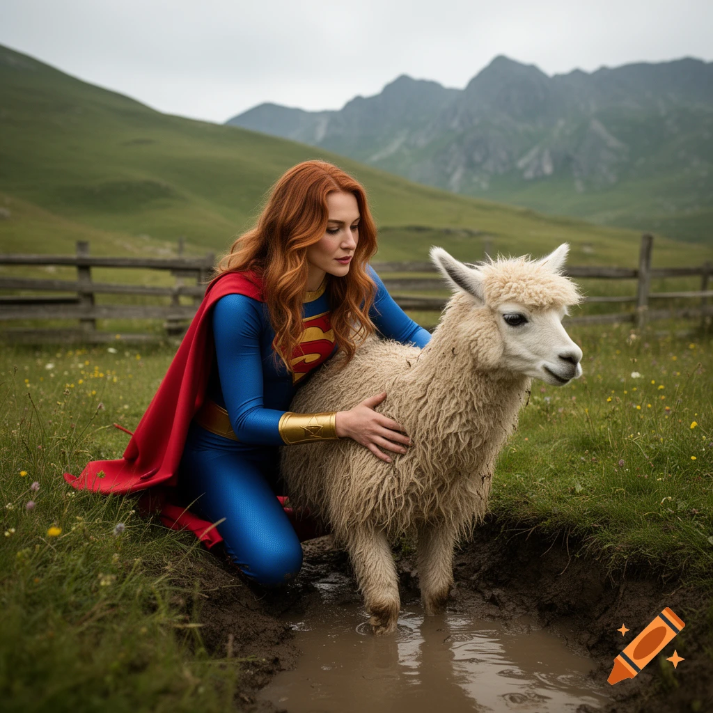 A woman in a Superwoman costume kneeling in a muddy field, petting a fluffy white alpaca against a mountain backdrop.