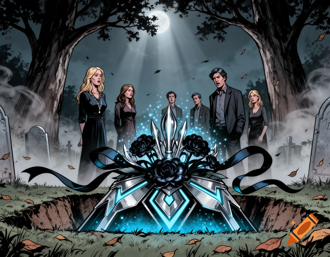 Comic style illustration of mourners standing around an ornate, futuristic grave with black roses and glowing blue light under a full moon.