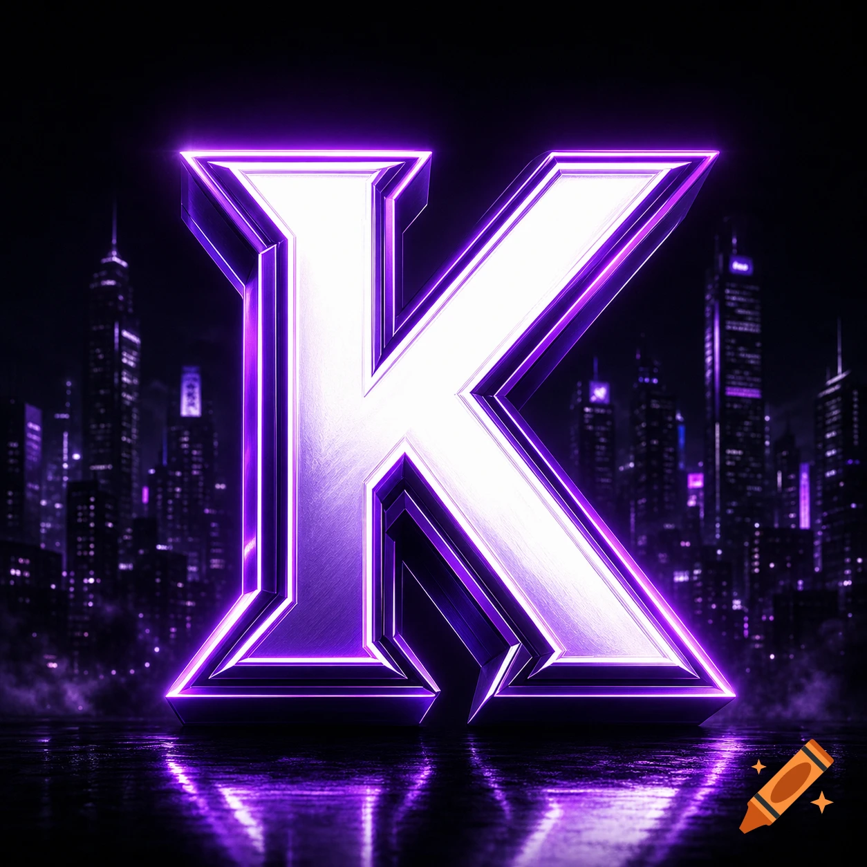 A modern 3D neon purple and white letter K logo set against a dark city skyline at night.