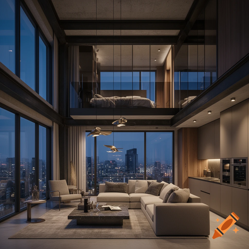 Photorealistic architectural photography of a luxurious modern multi-level loft apartment at night with city views.