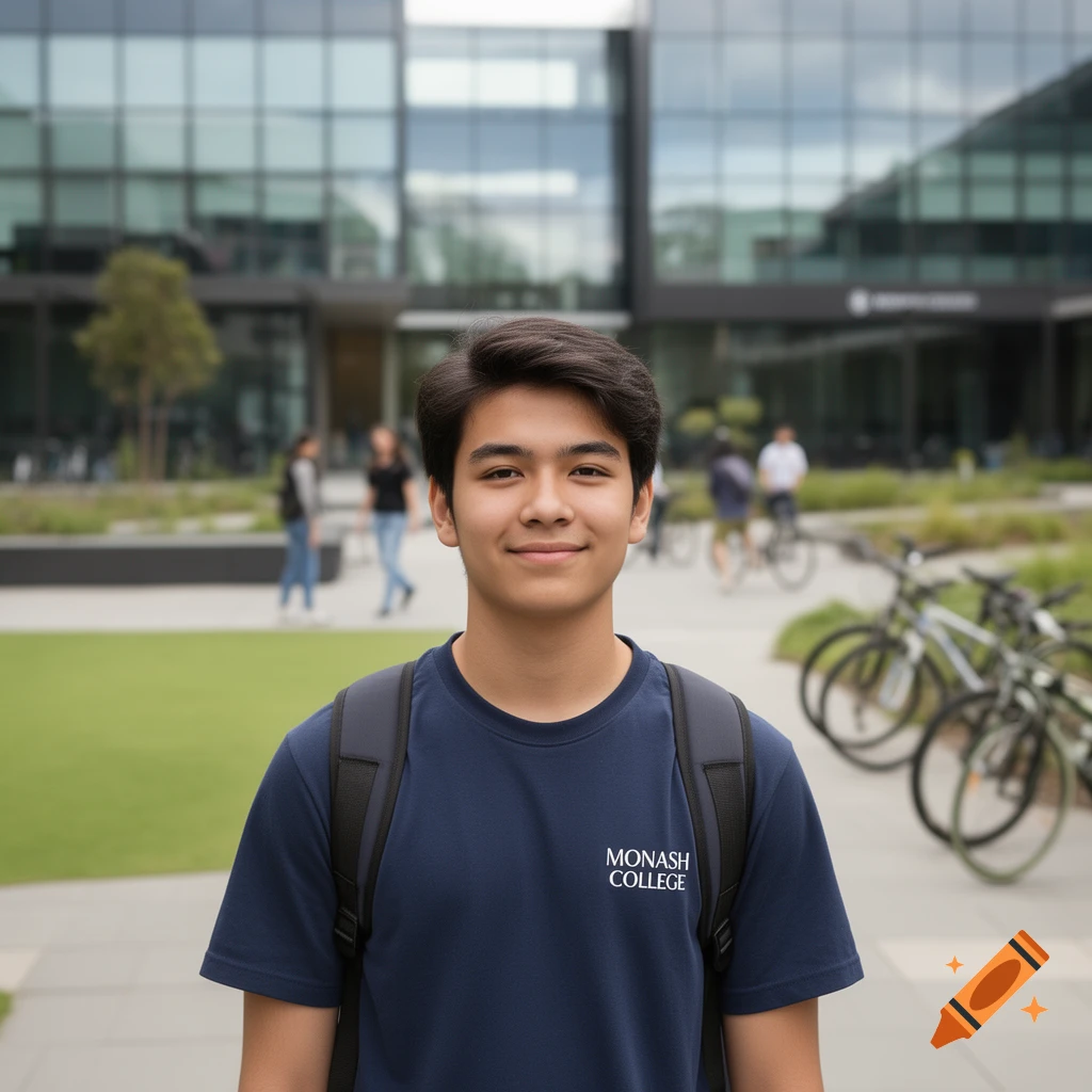 Photorealistic portrait of a young male student wearing a navy blue t-shirt with 'Monash College' text, standing outdoors on a campus.