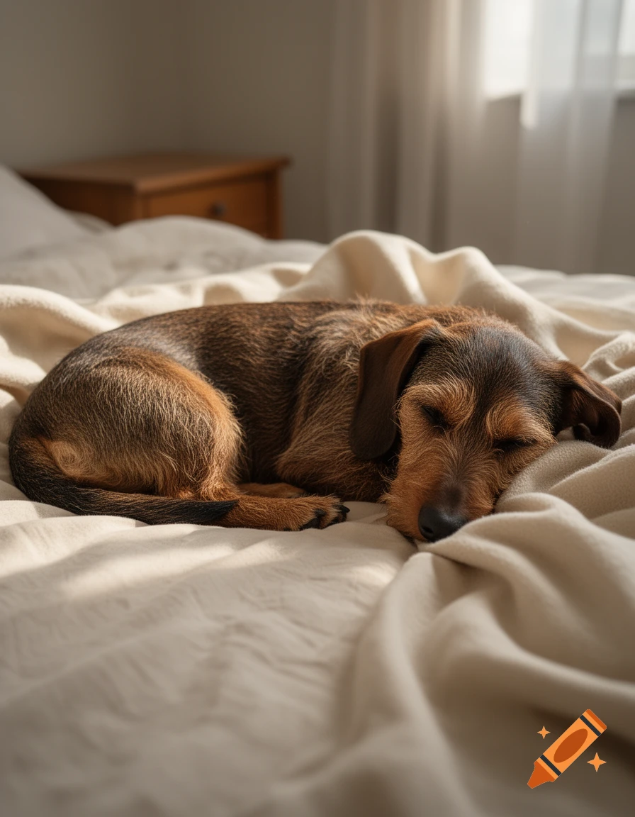 A wire-haired dachshund sleeping peacefully on a beige blanket in a sunlit bedroom.