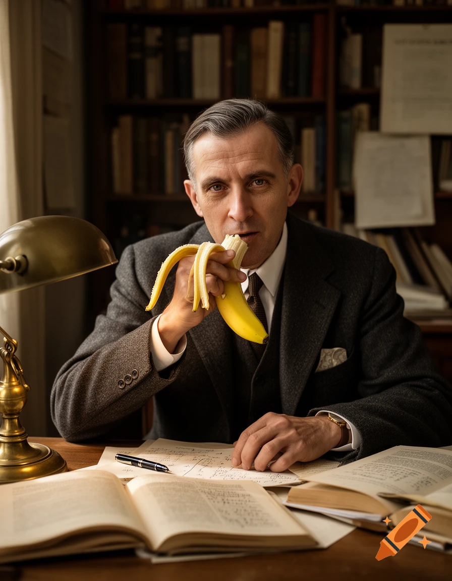 A photorealistic portrait of a man resembling Kurt Gödel sitting at a desk in a library, eating a banana.