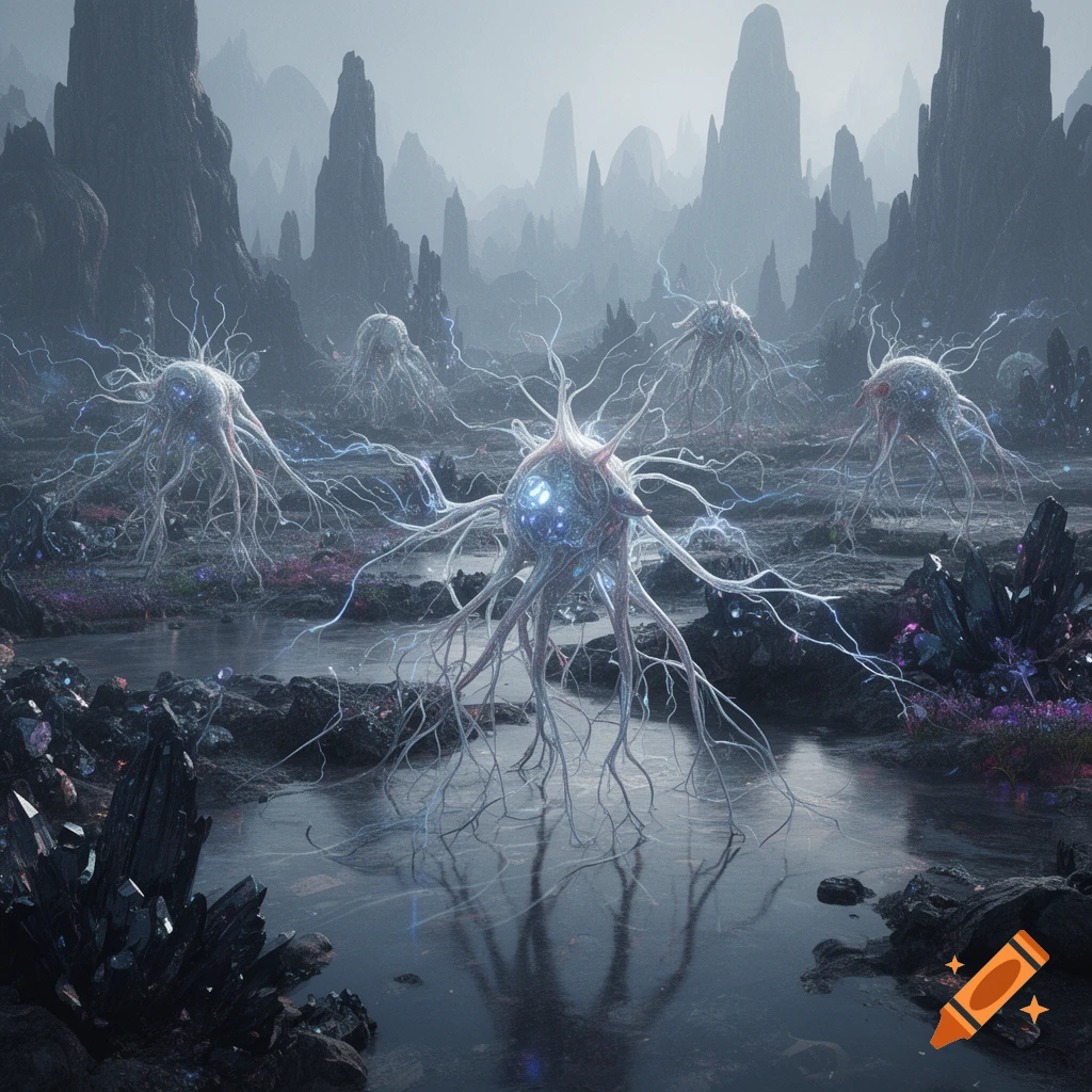 Spidery creature-like neuron structures standing in a rocky alien landscape with dark crystals and a foggy background.