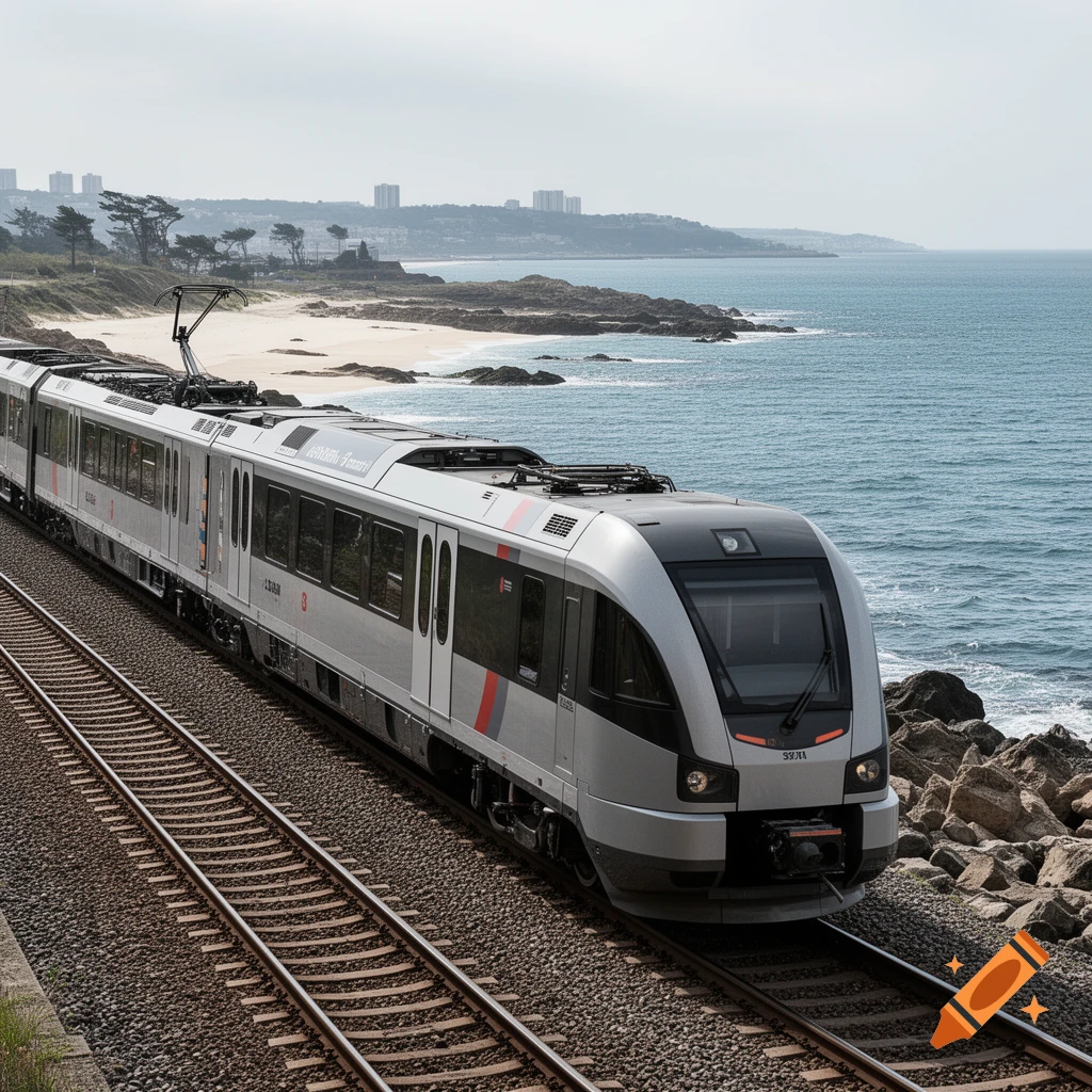 A modern silver commuter train traveling on tracks along a rocky coastline next to the sea under an overcast sky.